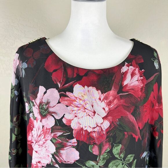 Floral Chiffon Cape Popover Sheath Dress Overlay Black Red Pink Knee Length 18W - Picture 7 of 16